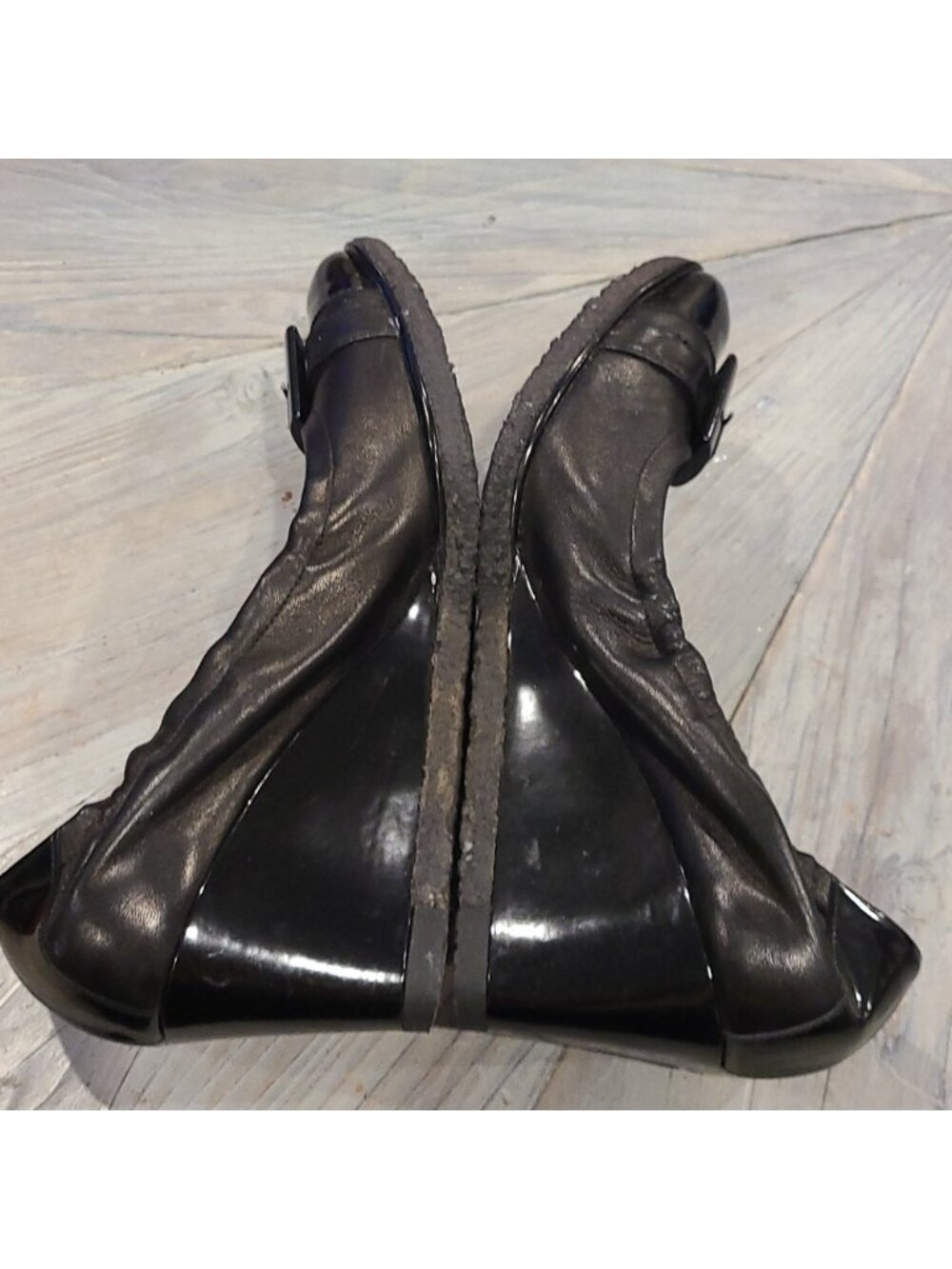 Stuart Weitzman black leather with patent leather wedge heels - Picture 6 of 7